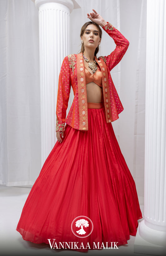 Coral Banarsi Lehenga Set