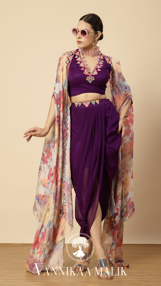 Purple Printed Chinon Dhoti Set