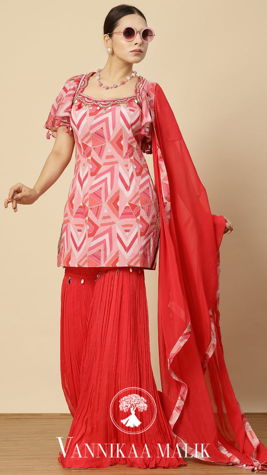 Hot Pink Printed Suit Sharara Set