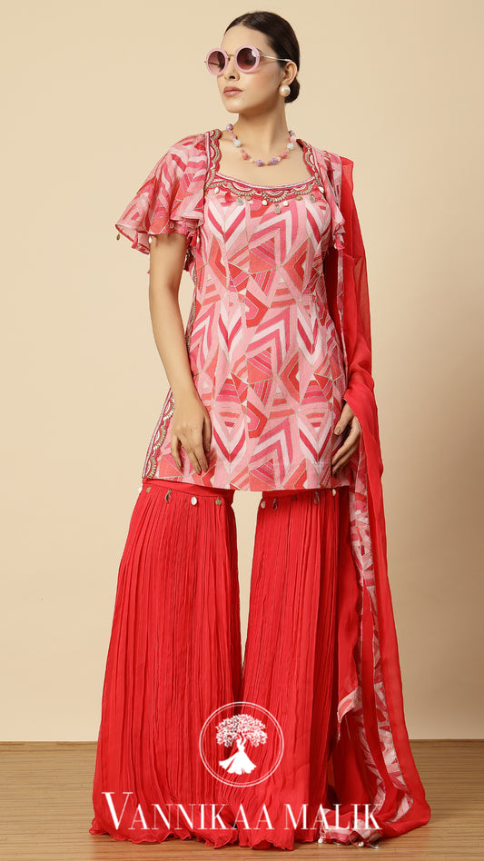 Hot Pink Printed Suit Sharara Set