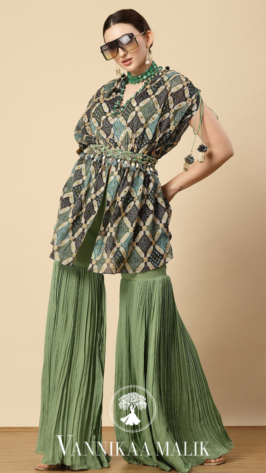 Pista Green Printed Kurta Sharara Set