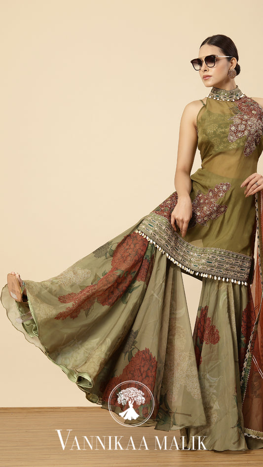 Mehendi Green Printed Sharara Set