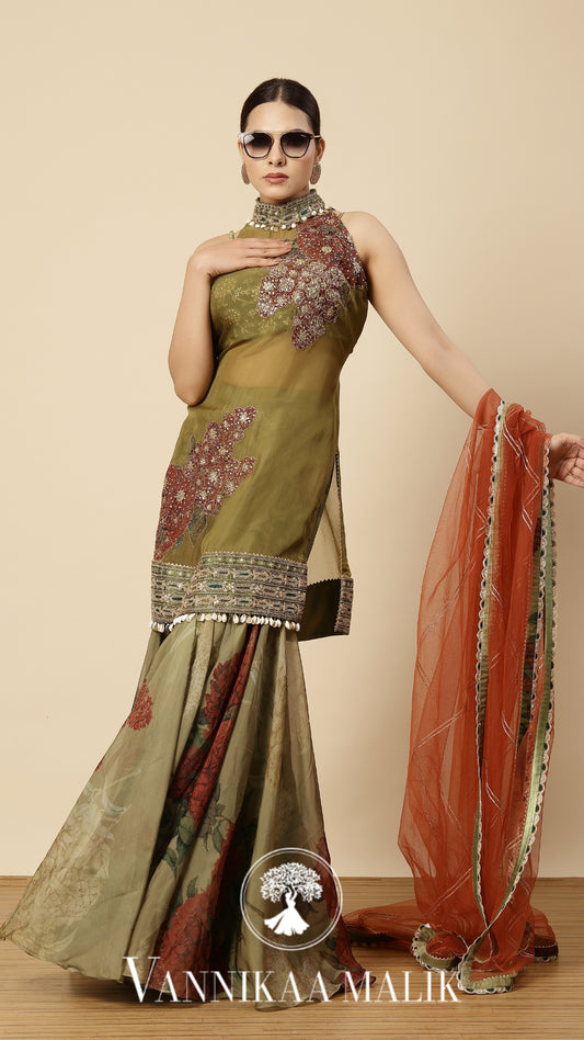 Mehendi Green Printed Sharara Set