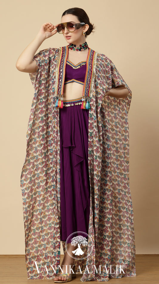 Purple Printed Dhoti Set