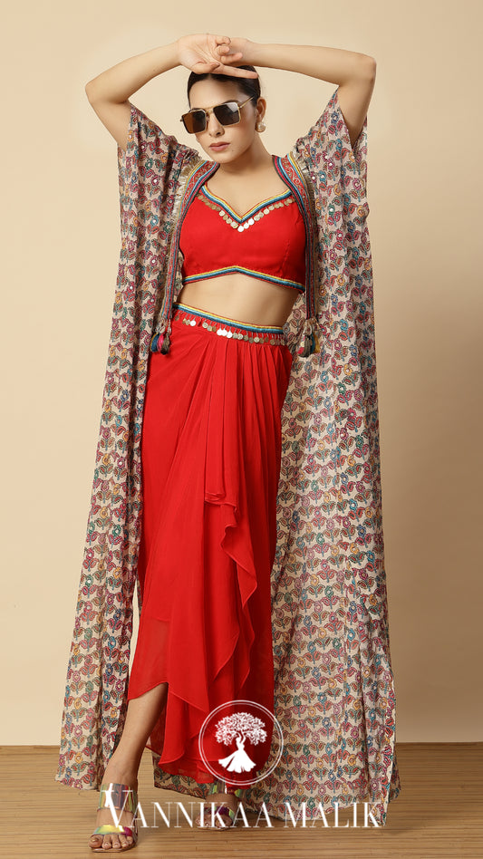 Red Printed Dhoti Set