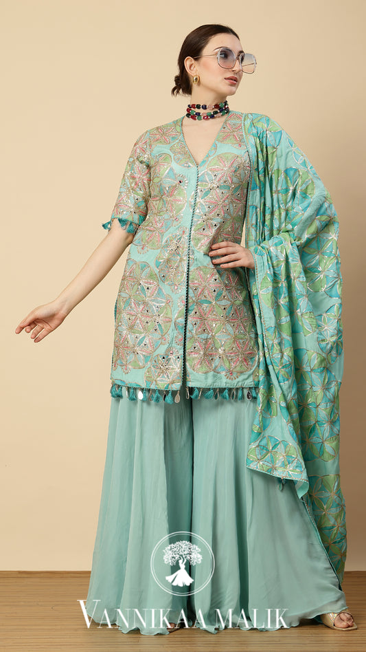 Aqua Printed Suit Sharara Set