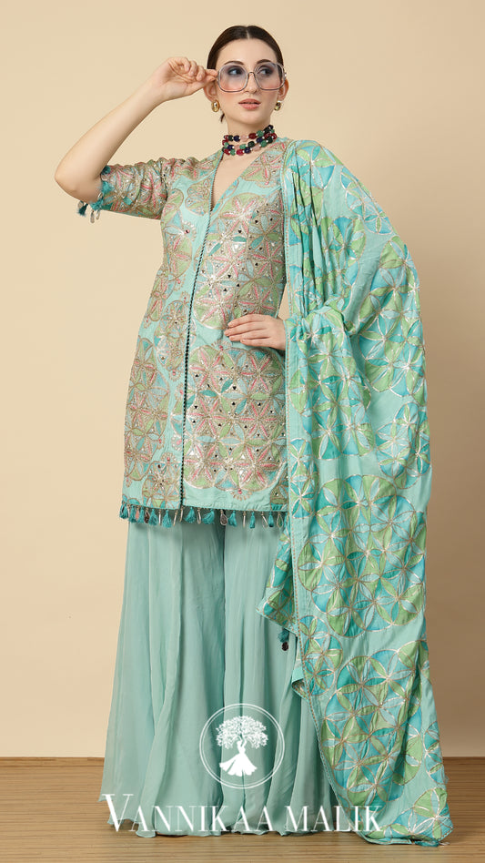 Aqua Printed Suit Sharara Set