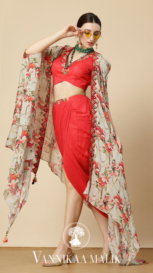 Coral Printed Draped Dhoti Set