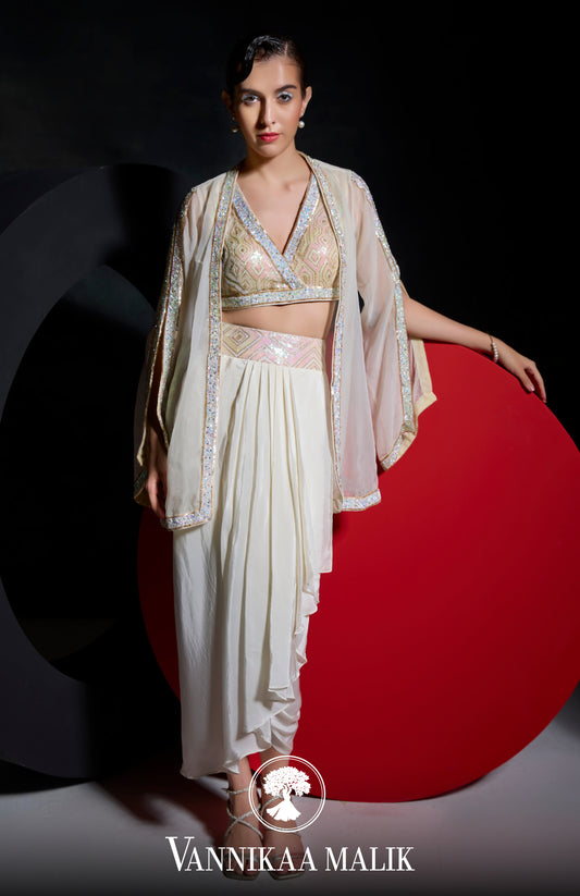 Off White Draped Dhoti Set